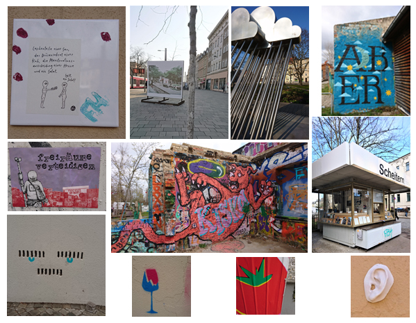 Es werden verscheidene Bilder gezeigt die die alternative Kunstszene in Halle/Saalewiderspiegeln. Kunstkiosk, Streetart,Kunst im öffentlichen Raum.