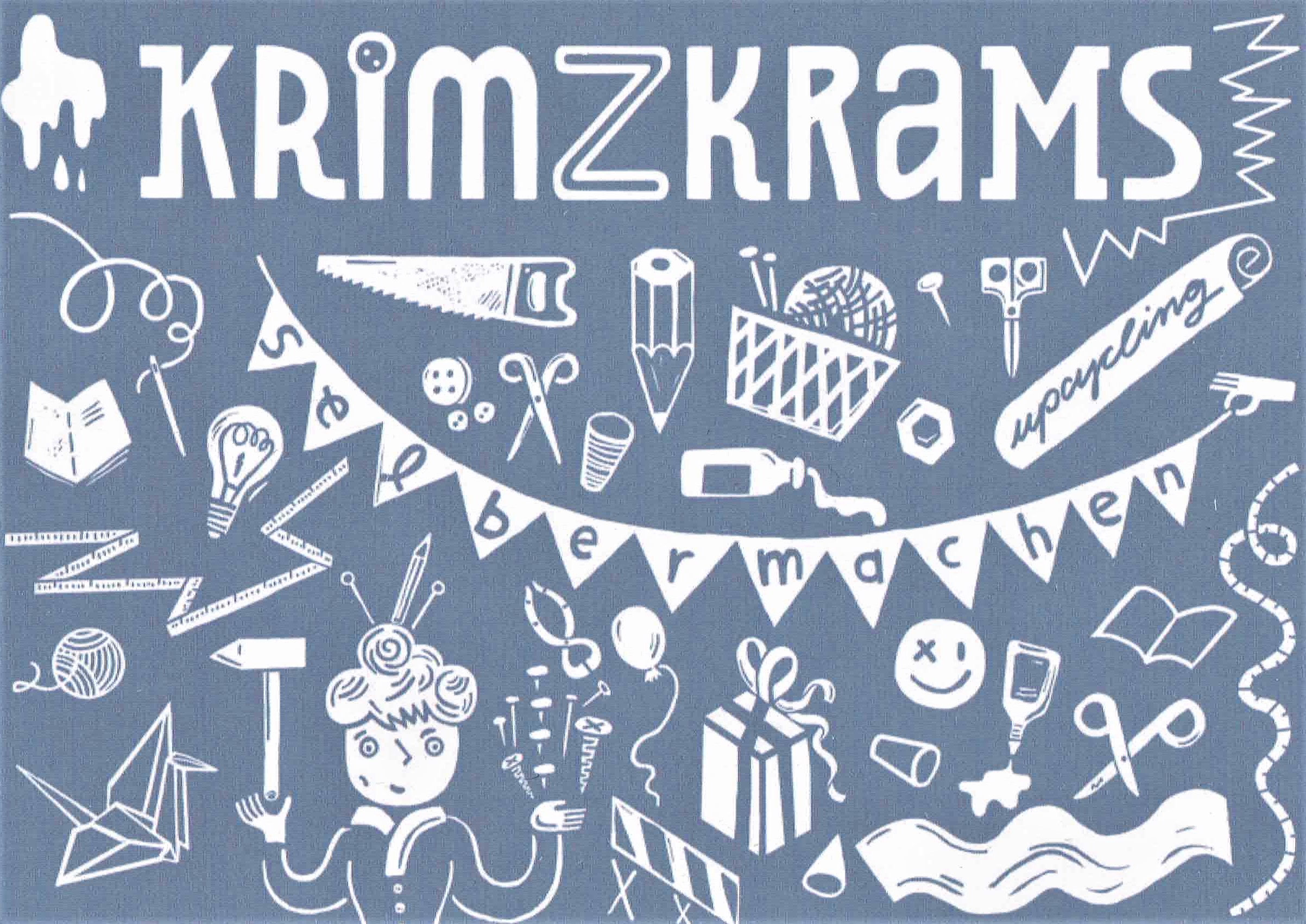 Das Bild zeigt den Flyer vom Krimzkrams Laden in Halle. Grafissch stilisierte Werkzeuge und Materialien.