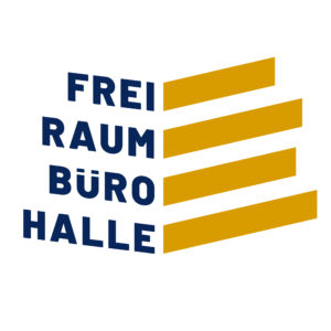 Das Logo des Freiraumbüros Halle zeigt 4 gelbe Balken und die 4 Wörter Frei, raum, Büro ,Halle
